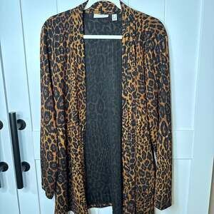 Susan Graver Leopard Print Open-Front Cardigan, Ribbed Knit, Size L